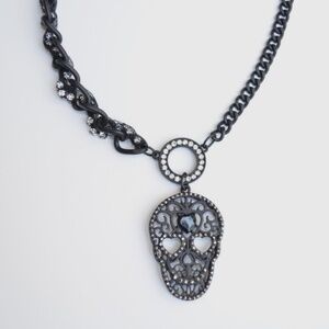 SOLD Betsey Johnson Skull Jet Black Rhinestones Crystal Chain Necklace